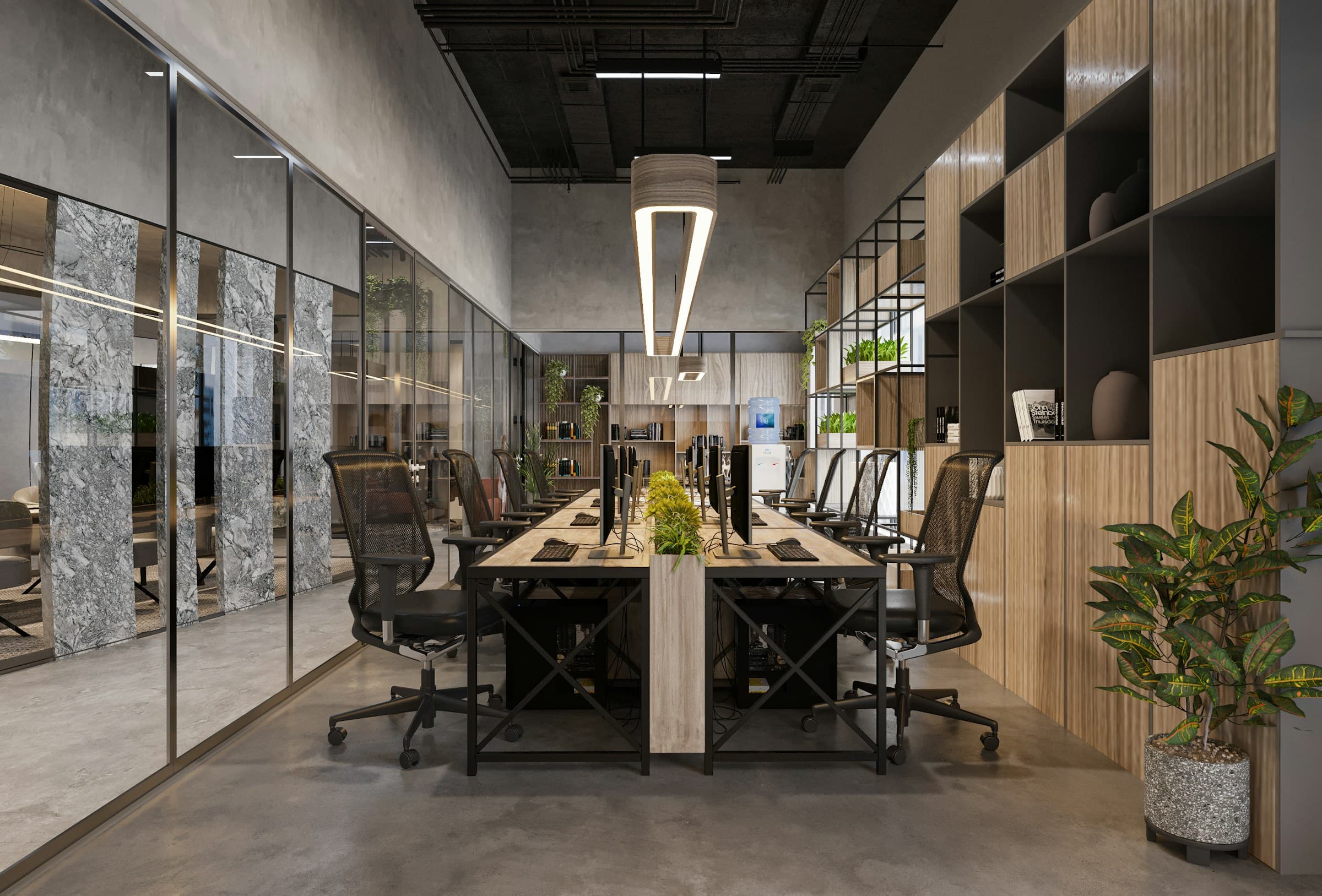 A modern open-plan office with wooden shelves and long work tables